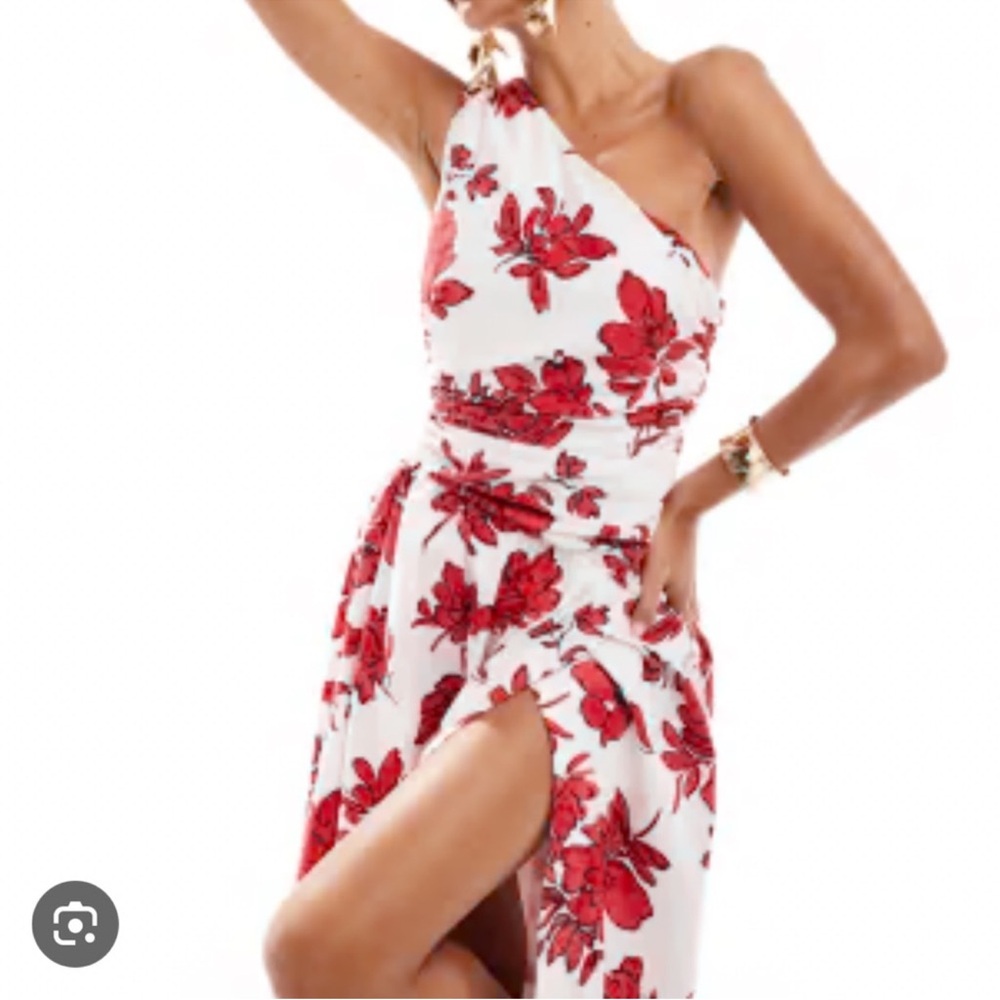 Red and White One Shoulder Slit Sundress
